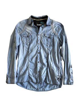 Roar Men's Sz XXL Blue Long Sleeve Western Shirt Embroidered Details Snap Cuffs